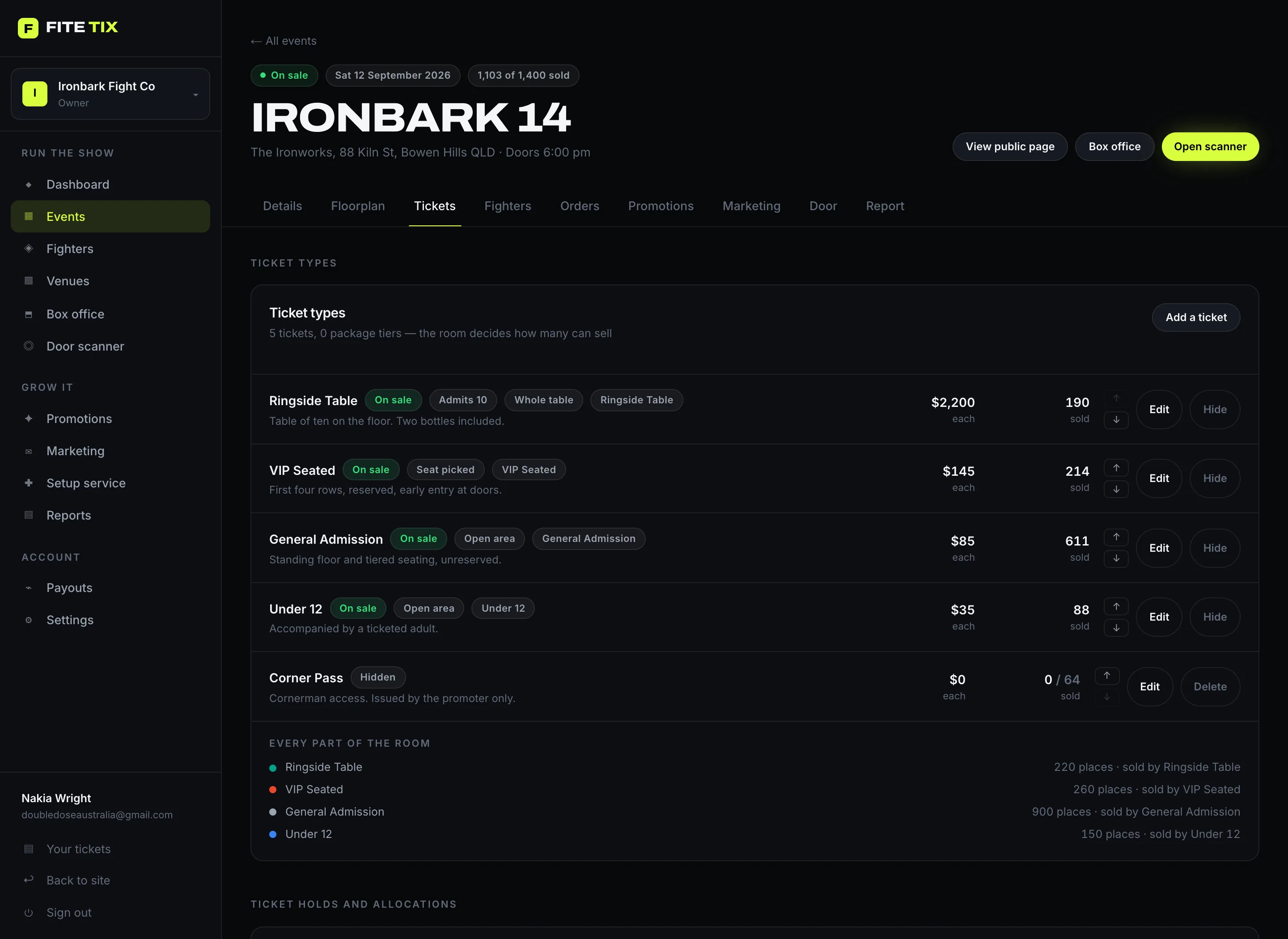The ticket types editor showing prices, allocations and status